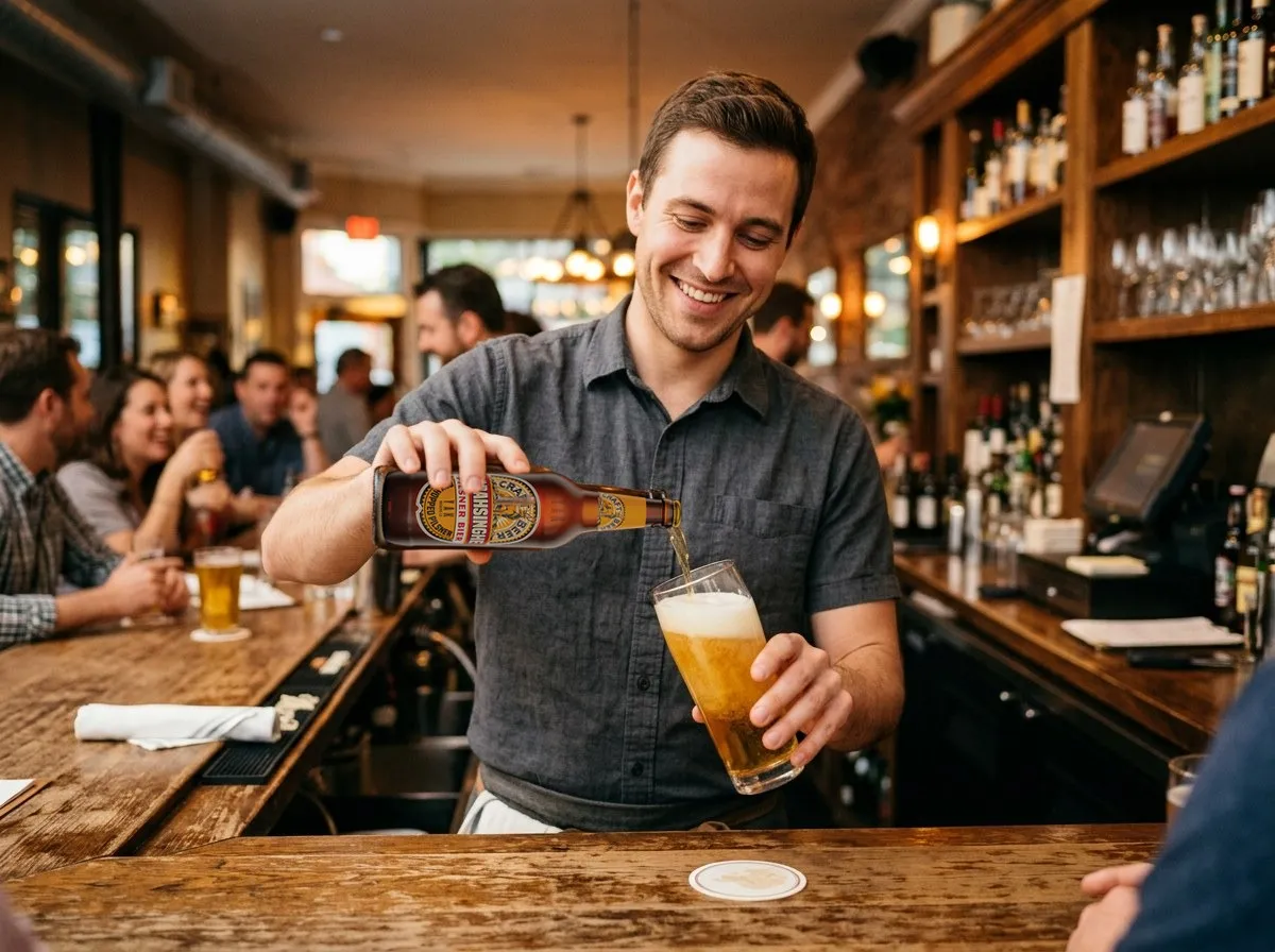 A smiling bartender pouring a bottle of Barahsinghe into a glass