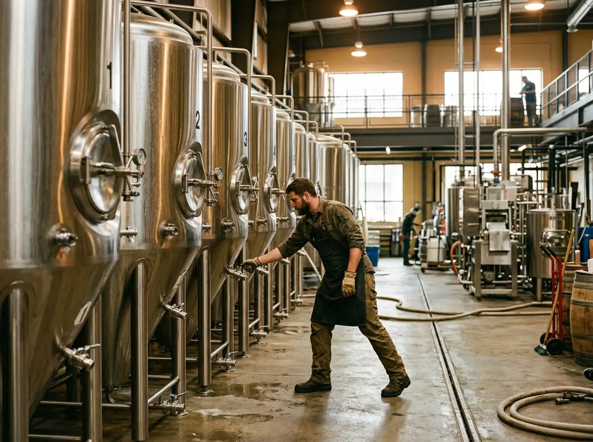 A brewer checking a row of stainless steel fermentation tanks in a brewery