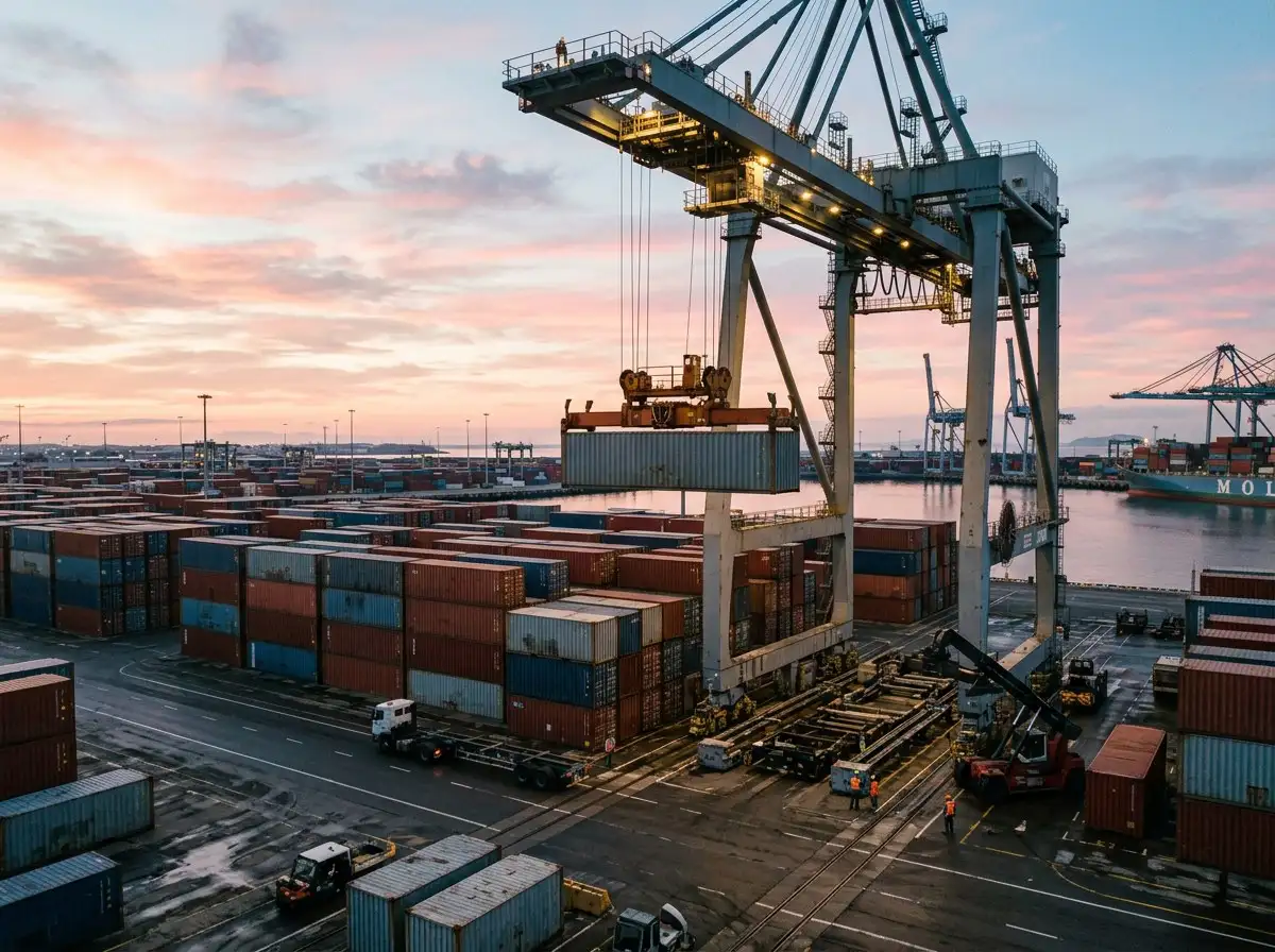 Shipping containers stacked at a port at sunset