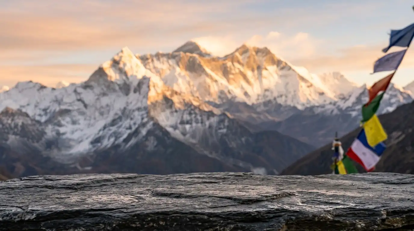 Bottles of Barahsinghe Pilsner, Nepal Ice and Barahsinghe Hazy IPA on a rock ledge in front of snowy Himalayan peaks