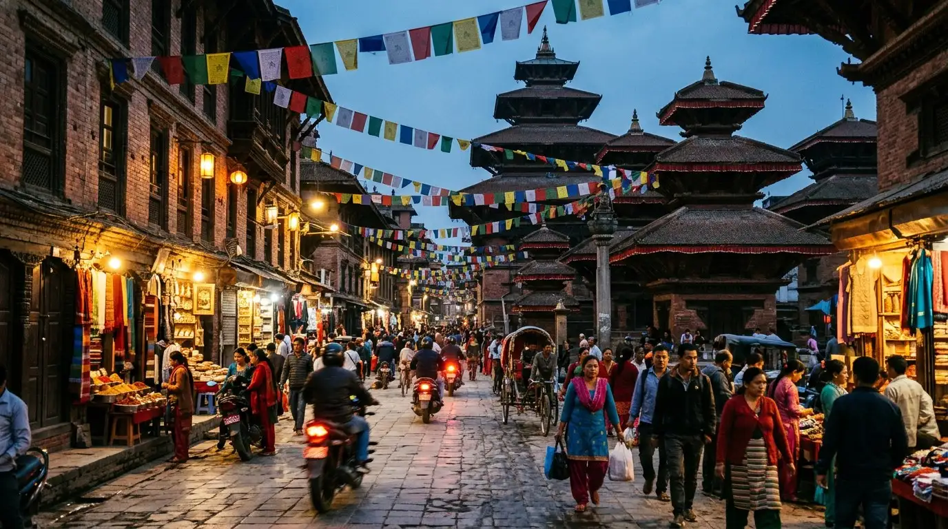 A Kathmandu street under prayer flags at dusk