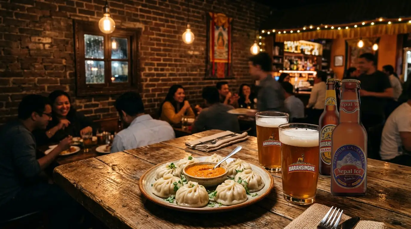 A plate of momos and pints of beer on a restaurant table