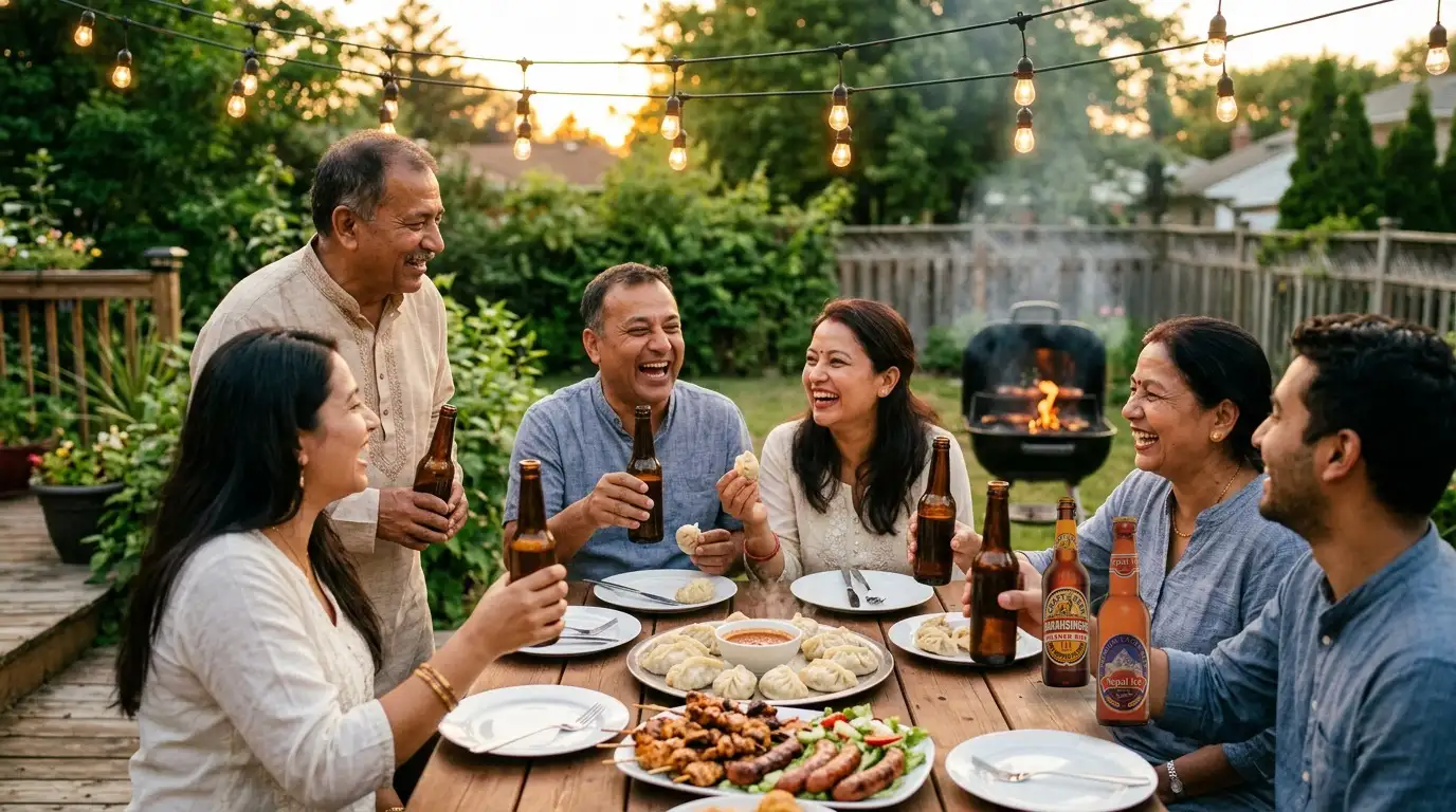 Family and friends laughing around a backyard dinner table with bottles of beer