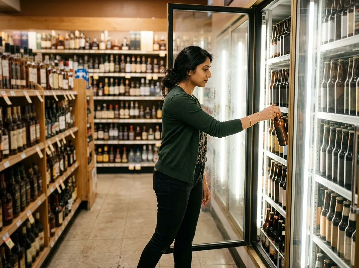 A shopper reaching into a beer cooler