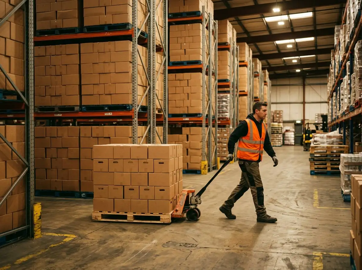 A warehouse worker moving boxes on a pallet jack